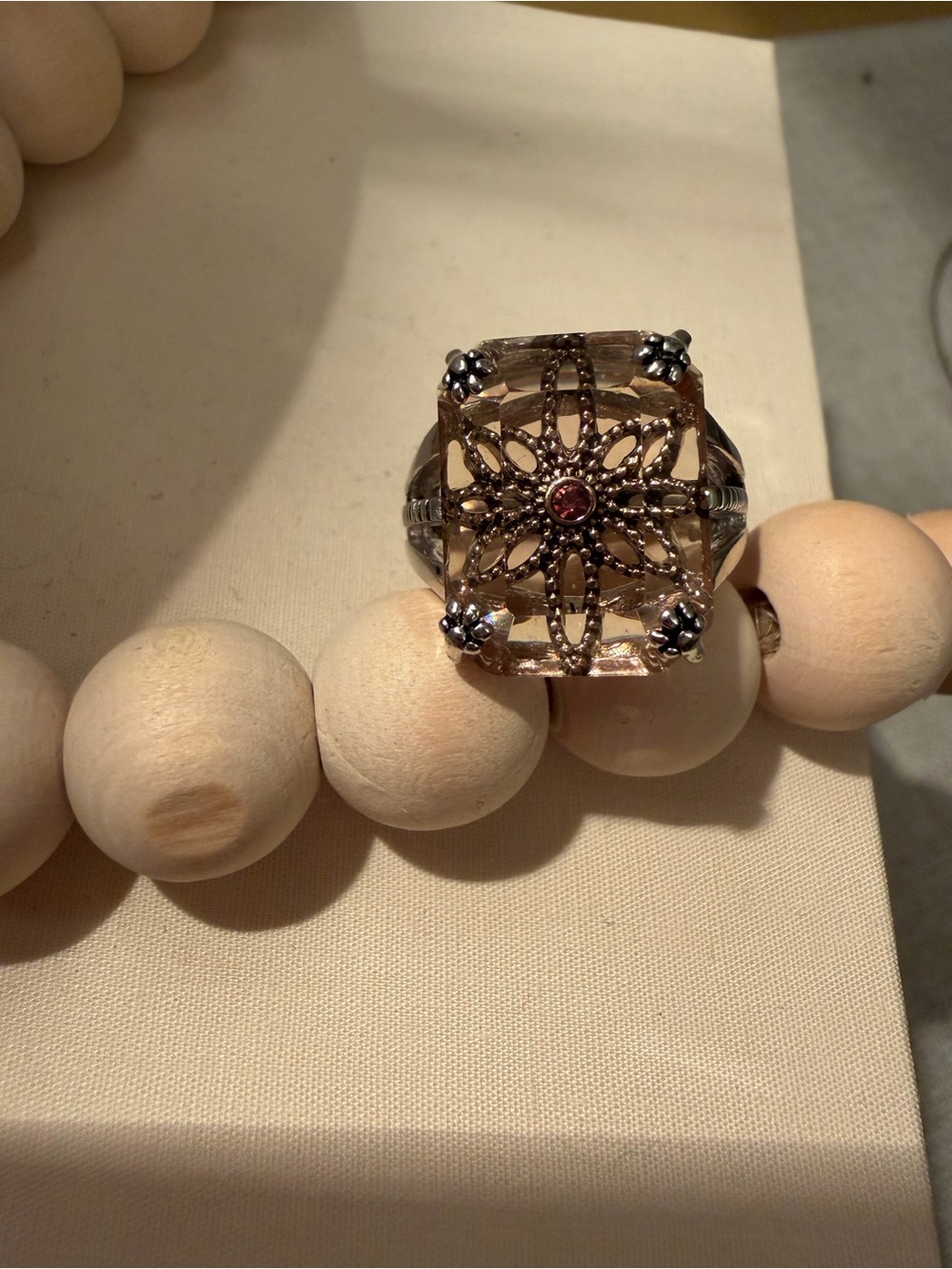Champagne Crystal Statement Ring Gunmetal Filigree Cocktail Ring Size 7